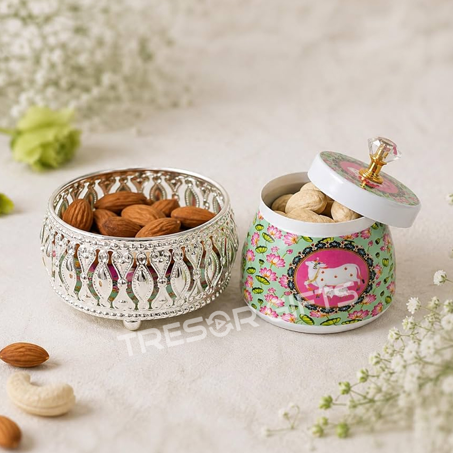 Traditional Pichwai Cow Tin Jar with Decorative Tray